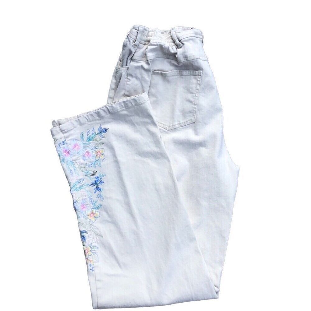 Denim & Co. Embroidered Straight Leg Women Pants Sz Large Denim Mom Jeans Tan